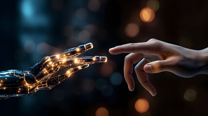 A human hand and a robotic hand reach towards each other, fingertips almost touching, in a dark setting with soft bokeh lights in the background