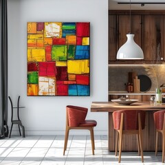 Colorful wooden art with square and rectangular frames attached to the walls of the kitchen and dining room looks aesthetic. Great for inspiration, decorative, inspiring, wall art. Generative Ai