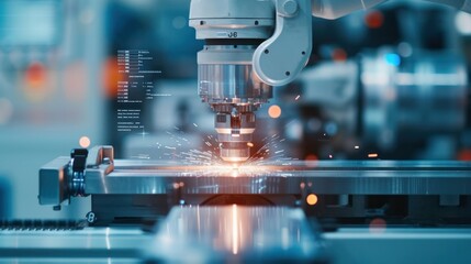 In the factory, the AI robotic arm skillfully welds steel components, creating sparks that illuminate the manufacturing floor.
