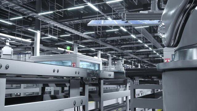 Industrialized solar panel factory with robotic arms placing photovoltaic modules on assembly lines, 3D rendering. Panning shot of manufacturing facility producing solar cells for energy industry