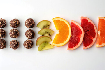 Energy balls and fruit slices presented in a minimalist style