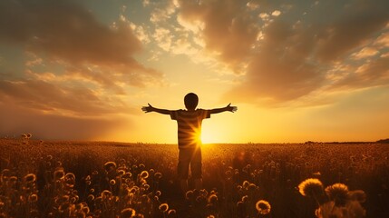 A little boy raises his hands above the sunset sky, enjoying life and nature. Happy kid on a summer field looking at the sun. Silhouette of a male child in the sun. Fresh air, environment concept.