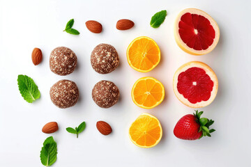 Energy balls and fruit slices presented in a minimalist style