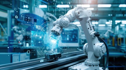 In the factory, the AI robotic arm skillfully welds steel components, creating sparks that illuminate the manufacturing floor.