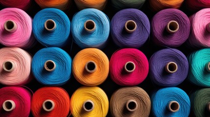 Fototapeta premium The background is made of colored yarn. Balls of thread in close-up. Materials for needlework on the shelf in the store. Hobby or creative work.