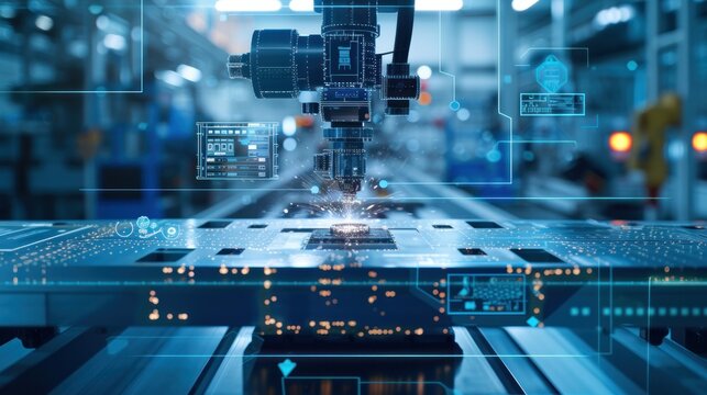 In the manufacturing facility, the AI robotic arm expertly controls the automated welding lathe, while an overlay HUD provides real-time data for optimal performance - Powered by Adobe
