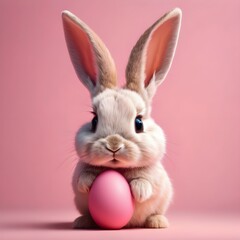 Obraz premium Cute Easter bunny hatching from pink Easter egg isolated on pastel pink background with copy space, Happy Easter banner with adorable rabbit.