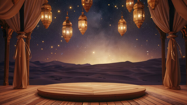 Empty round podium on starlit desert background with lantern decoration. Ramadan celebration concept