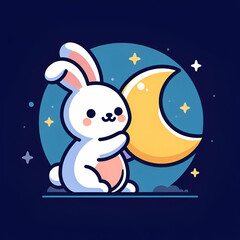flat logo of Cute rabbit with the Moon cartoon vector icon illustration. animal nature icon concept isolated premium vector