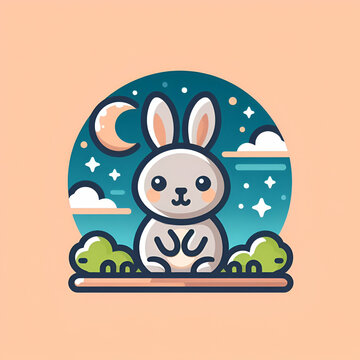flat logo of Cute rabbit with the Moon cartoon vector icon illustration. animal nature icon concept isolated premium vector