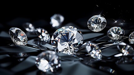 Brilliant cut diamonds sparkle intensely, scattered on a reflective surface with a soft focus on the background, highlighting the gem's exquisite facets and clarity. - obrazy, fototapety, plakaty