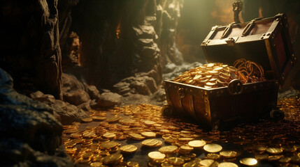 Golden treasure of pirate in the cave