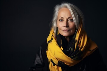 Portrait of a beautiful senior woman with scarf over dark background.