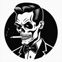 a logo design of a skull with a cigar in his mouth