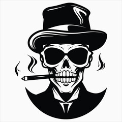 a logo design of a skull with a cigar in his mouth
