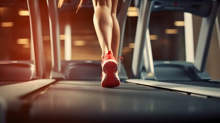 Close-up of a woman's feet on the treadmill, training in the gym or at home
 - obrazy, fototapety, plakaty