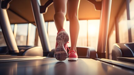 Close-up of a woman's feet on the treadmill, training in the gym or at home
 - obrazy, fototapety, plakaty