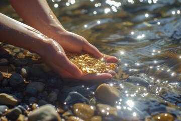 Close-up of hands scooping sparkling water from a pebbled stream, symbolizing purity and nature.
