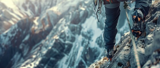 A mountaineer climbing a steep, rocky slope against a mountain backdrop Generative AI - obrazy, fototapety, plakaty