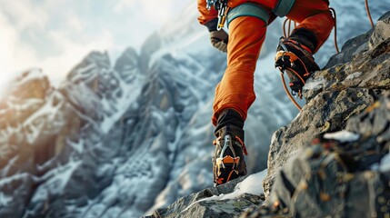 A mountaineer climbing a steep, rocky slope against a mountain backdrop