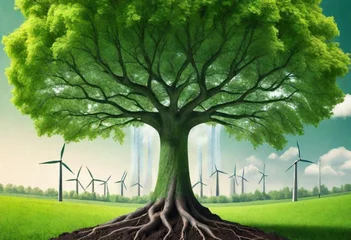 Fotobehang Climate change concept. Tree in two parts with green energy in healthy nature and industrial pollution with conventional energy. © zoha