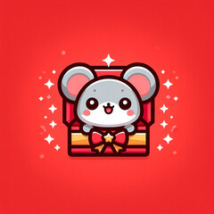 flat logo of chibi mouse isolated on a red lucky envelope background