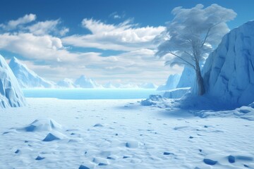 A lone tree stands in a stark and snowy arctic landscape.