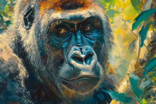An artistic rendition of a gorilla's face painted with vibrant brushstrokes, capturing its contemplative expression.