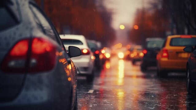 blurred background autumn auto rain on the road . traffic in the city. seamless looping overlay 4k virtual video animation background 