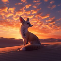 A serene image of a fennec fox sitting on a sand dune, looking contemplatively at a vibrant sunset sky.