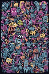 Illustration of colorful doodle crowd cute alien and monster Created with Generative AI technology.