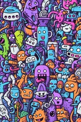 Fototapeta premium Illustration of colorful doodle crowd cute alien and monster Created with Generative AI technology.