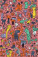 Illustration of colorful doodle crowd cute alien and monster Created with Generative AI technology.