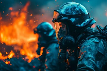 Firefighters in full protective gear are seen in action at a raging fire scene, highlighting bravery and emergency response.