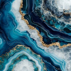 An exquisite close-up of blue agate stone slices with natural patterns highlighted by elegant golden accents, resembling ocean waves. - obrazy, fototapety, plakaty