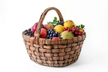 A wooden woven basket with fruits and berries, isolated on white