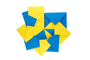 Blue and yellow envelopes arranged against a white background