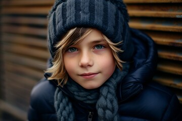 Portrait of a cute little boy with blue eyes, wearing a warm hat and scarf