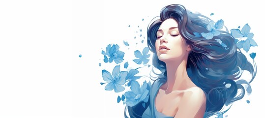 Beautiful girl with flowers in her hair, fashionable illustration, isolated background, watercolor painting in blue. Design concept for beauty salons, spas, cosmetics, fashion. Banner.