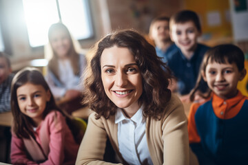 Fototapeta premium Portrait of smiling white female teacher looking at camera with classmates in background at school