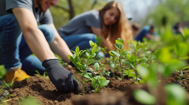 Youth volunteers in the outdoors backing the environment by planting trees and space, Generative AI.