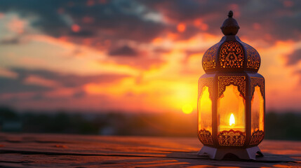 Traditional Arabic lantern on rustic wooden table with bright sunset sky background. Ramadan celebration concept