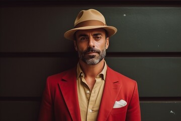 Portrait of a handsome middle-aged man in a hat and a red jacket.