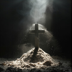 A cross with smoke and a light shining from above black backdrop.  ai generated. - obrazy, fototapety, plakaty