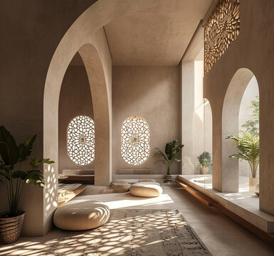Mashrabiya interior. Room with delicate Arab shades, ottomans and potted plants.