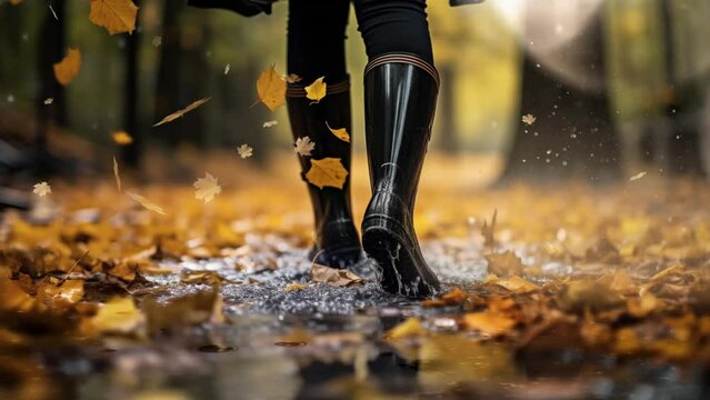 woman in black rubber boots standing in a puddle . seamless looping overlay 4k virtual video animation background 