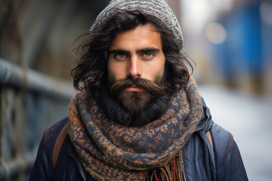 Handsome young man with long black beard and mustache in hat and scarf on urban background