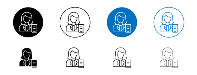 Librarian Line Icon Set. Library women supervisor vector symbol in black and blue color.