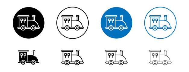 Toy Train Line Icon Set. Old locomotive railway kids toy vector symbol in black and blue color.