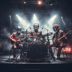 Robot band performing on a futuristic stage. 